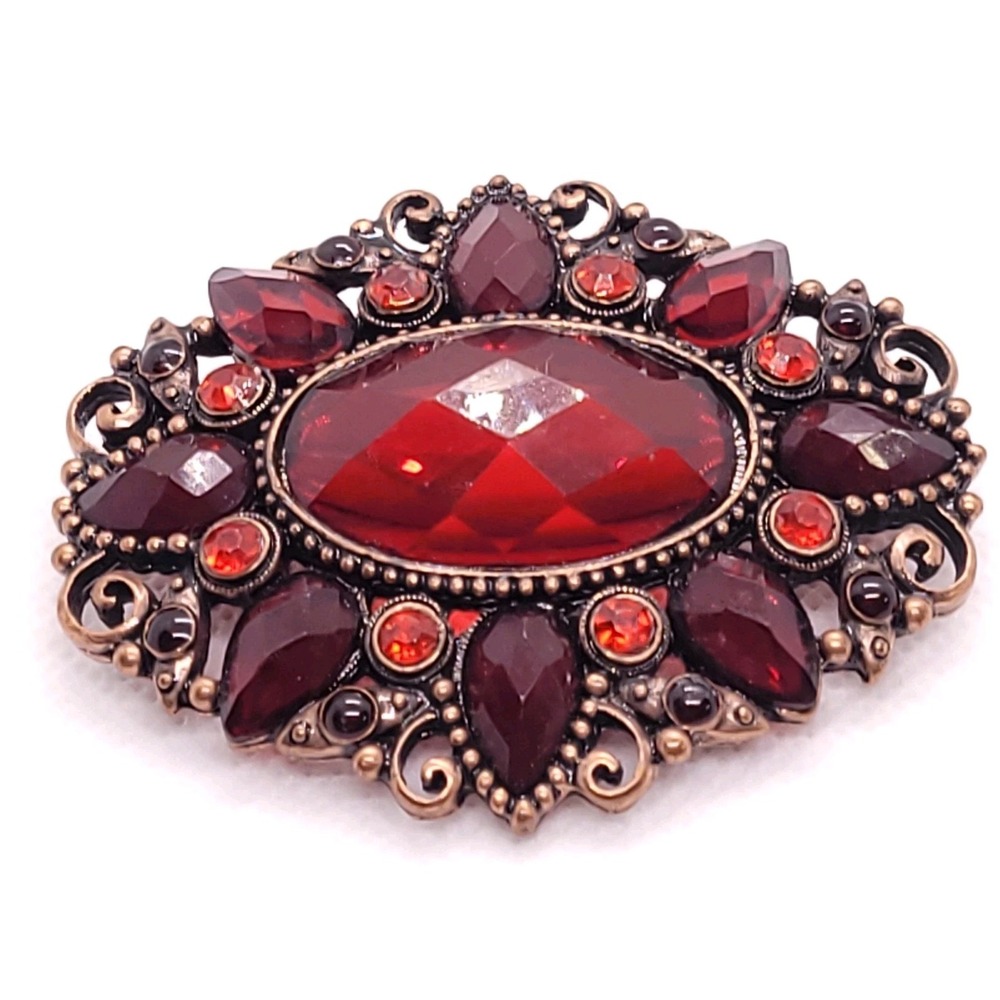 Antique Gold Tone Red Rhinestone Brooch Victorian Revival Ornate Filigree 61mm